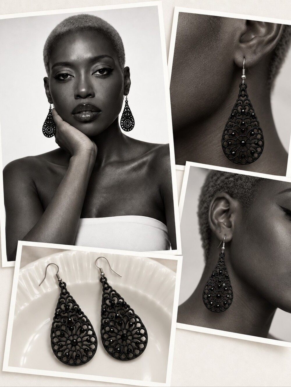 Black Filigree Teardrop Dangle Earrings - Women Jewelry